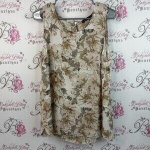 Amanda green tank top flowers abstract brown tan Chic Floral Beige Blouse